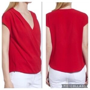 Gibson Top Red Faux Wrap Georgette Cap Sleeve Crepe M Classic Lunch Work